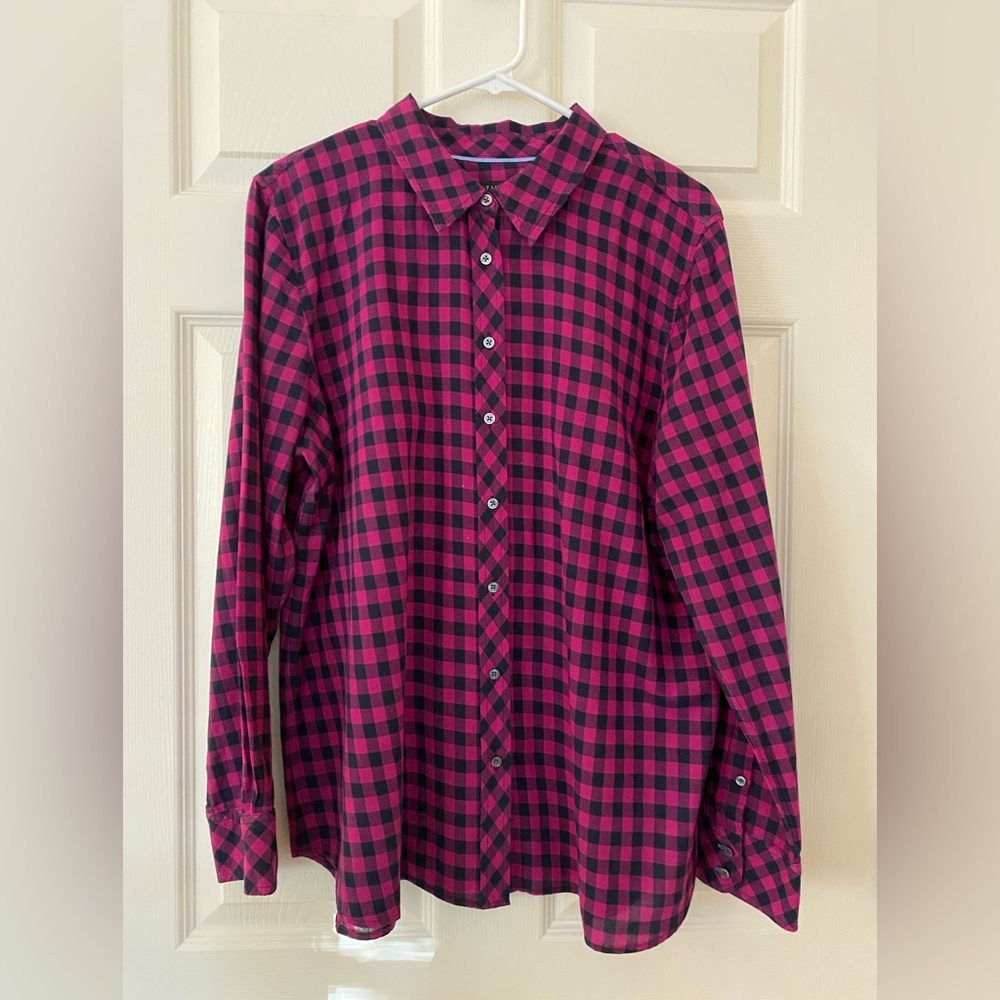 Talbots Pink and Navy Checked Button-Up Blouse XL